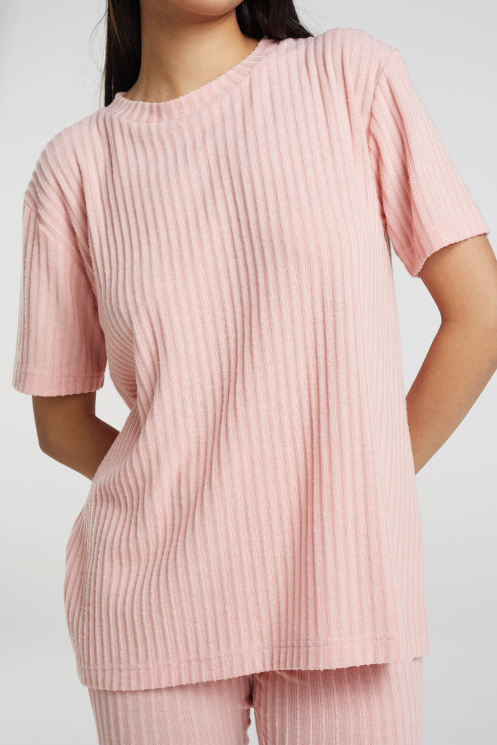 PINK RIBBED KNIT TWO PIECE LOUNGE SET
