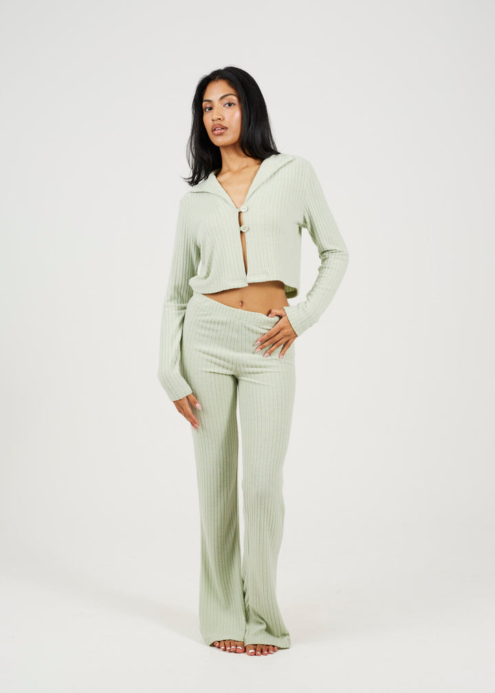 SAGE BUTTON TOP AND FLARES KNITTED LOUNGE SET
