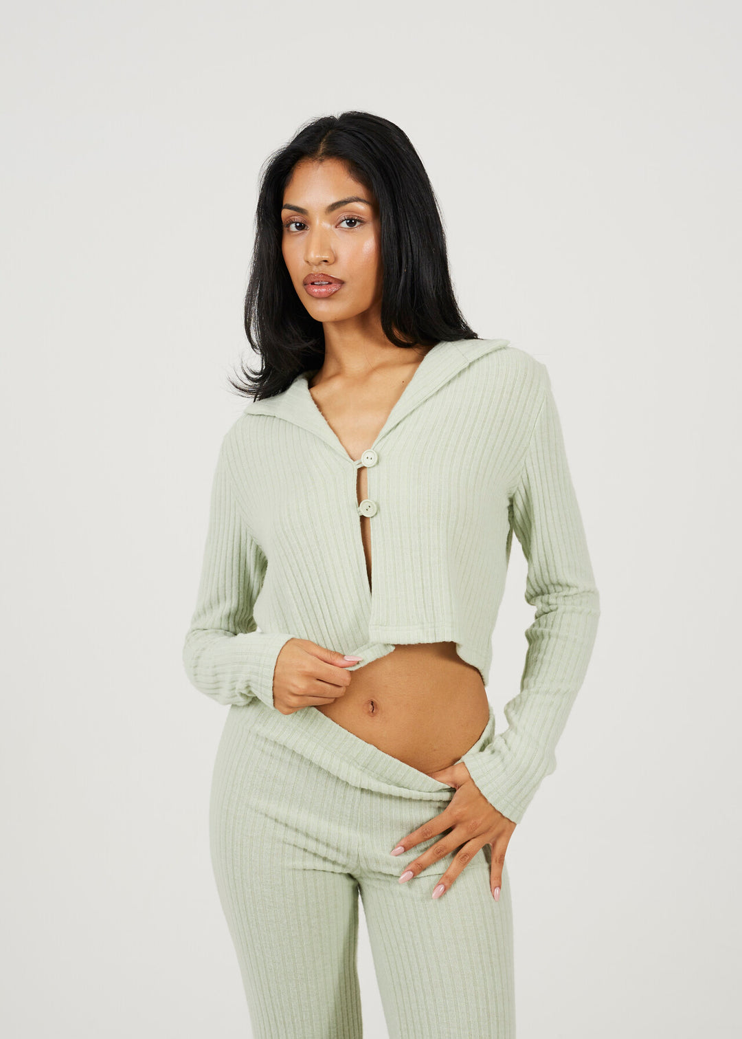 SAGE BUTTON TOP AND FLARES KNITTED LOUNGE SET