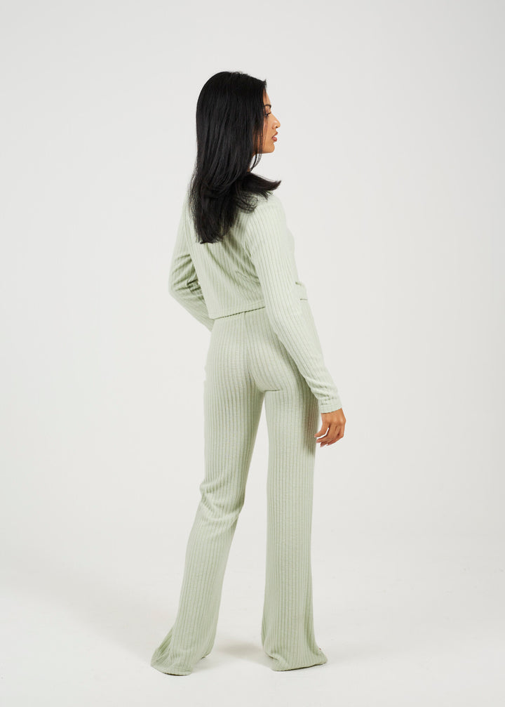 SAGE BUTTON TOP AND FLARES KNITTED LOUNGE SET