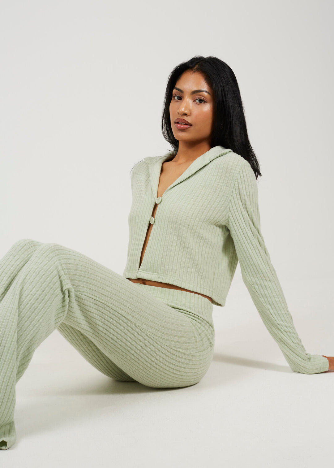 SAGE BUTTON TOP AND FLARES KNITTED LOUNGE SET