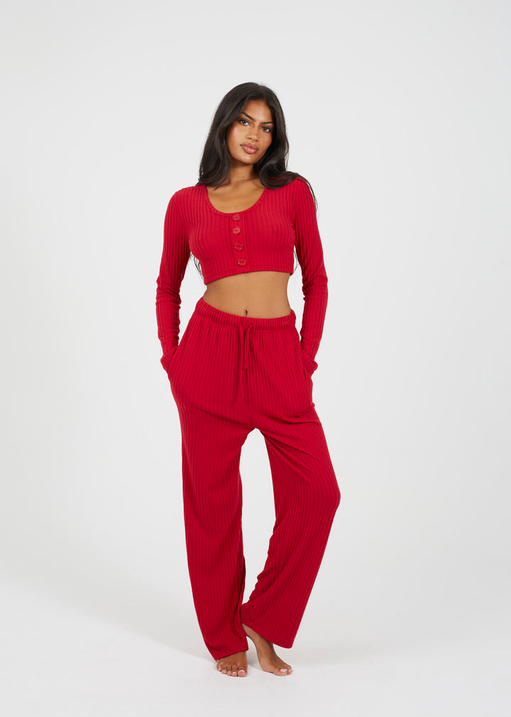 RIBBED RED TWO PIECE LOUNGEWEAR SET