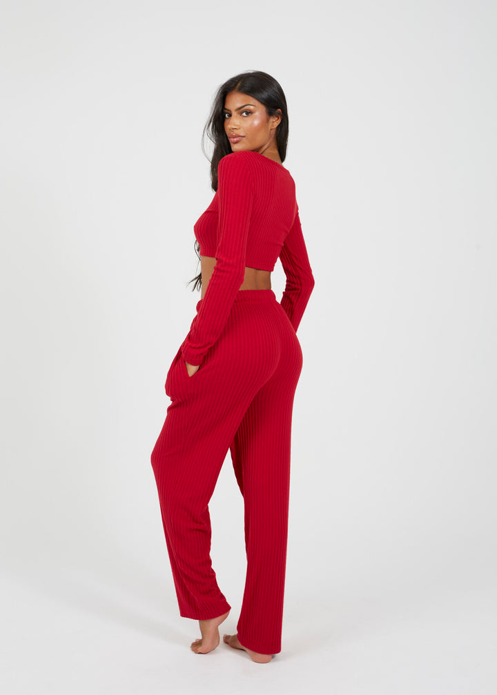 RIBBED RED TWO PIECE LOUNGEWEAR SET
