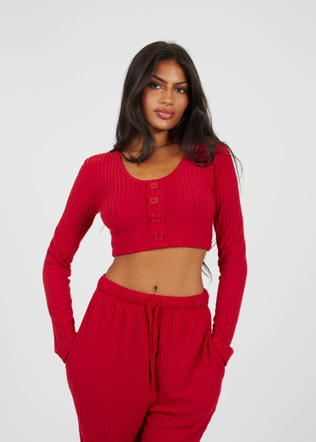RIBBED RED TWO PIECE LOUNGEWEAR SET