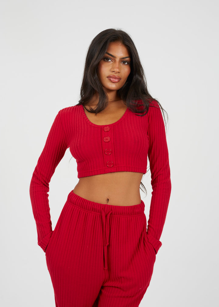 RIBBED RED TWO PIECE LOUNGEWEAR SET