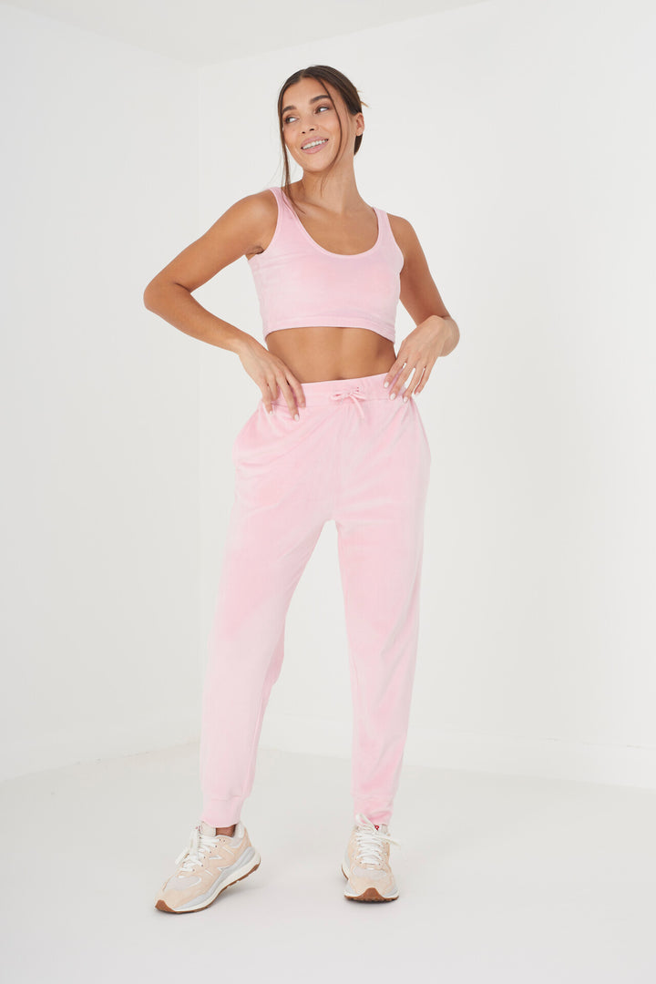 PINK VELOUR CROPPED VEST TOP AND JOGGER LOUNGE SET