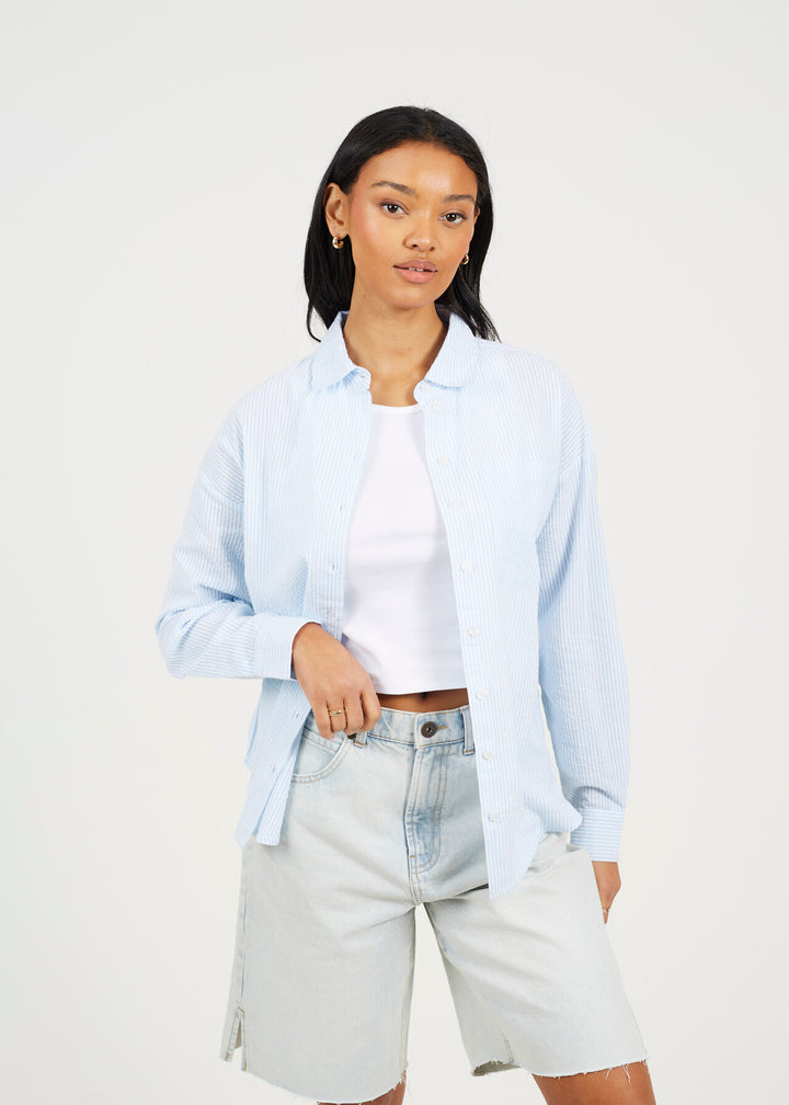 LONG SLEEVE COLLARED STRIPE SHIRT, BLUE/WHITE