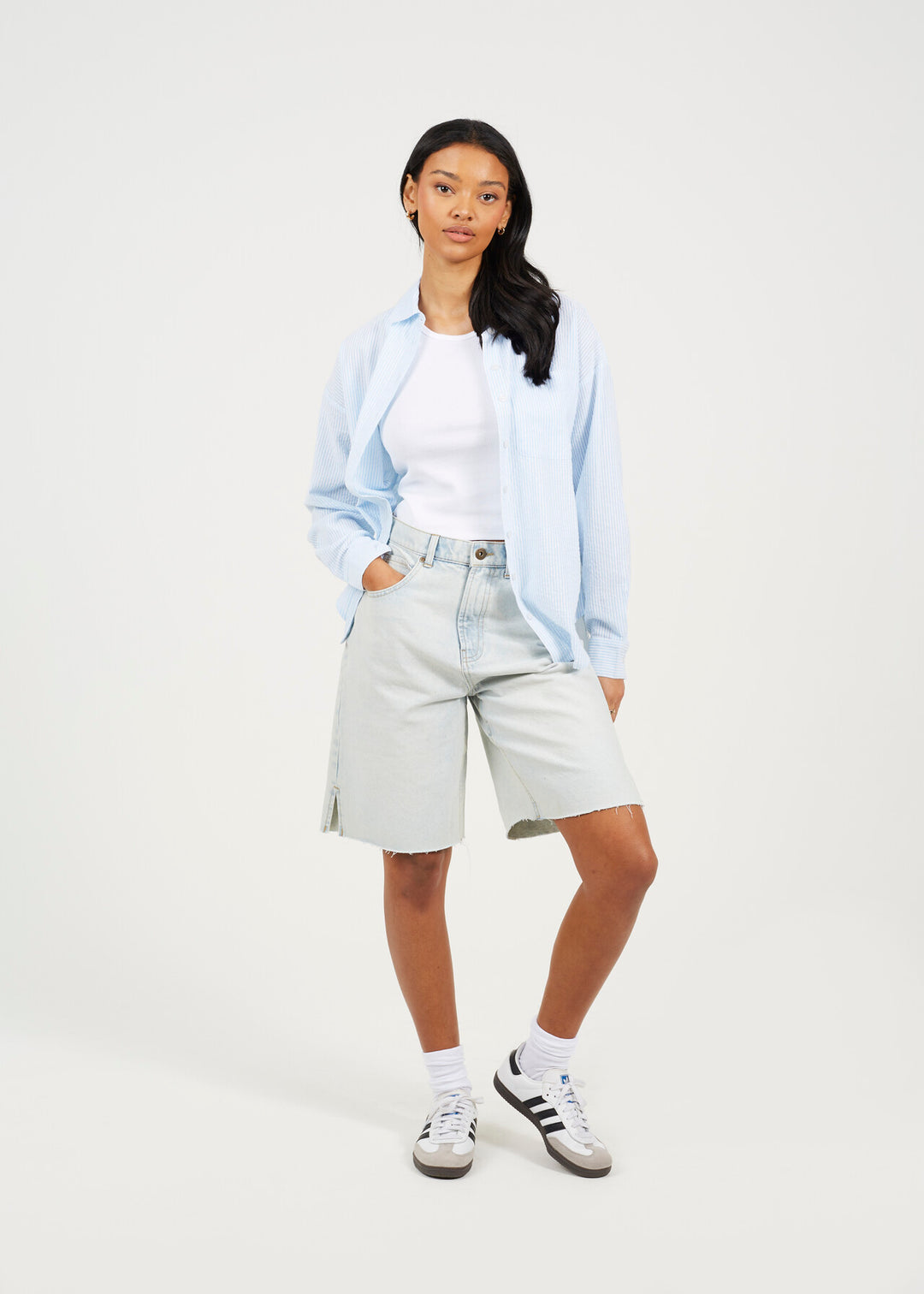 LONG SLEEVE COLLARED STRIPE SHIRT, BLUE/WHITE