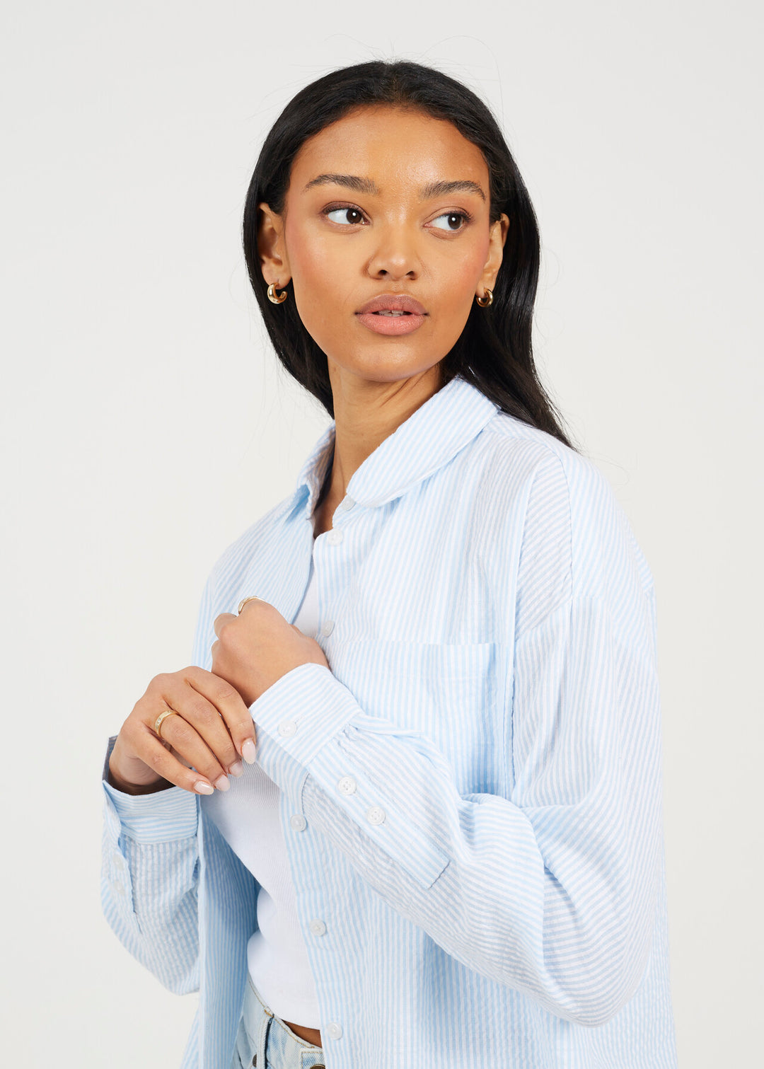 LONG SLEEVE COLLARED STRIPE SHIRT, BLUE/WHITE
