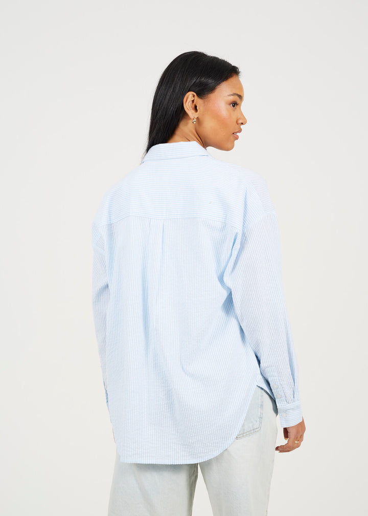 LONG SLEEVE COLLARED STRIPE SHIRT, BLUE/WHITE
