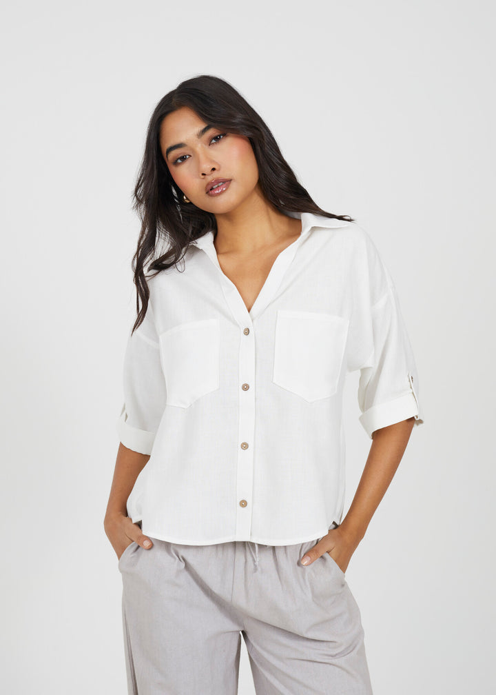 SHORT SLEEVE BUTTON DOWN SHIRT, WHITE