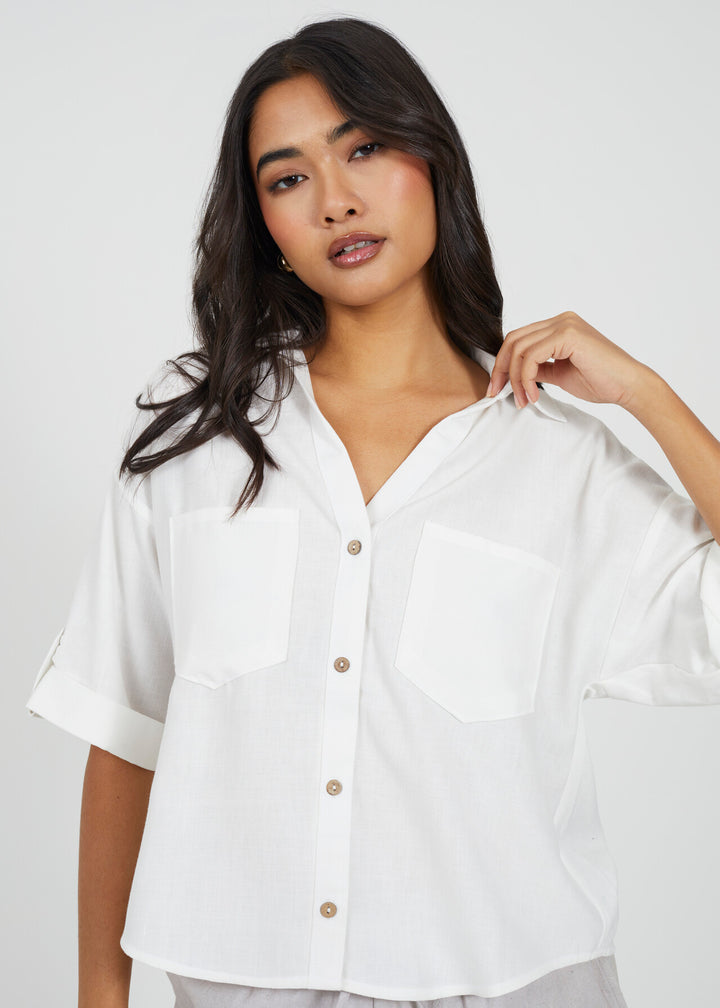 SHORT SLEEVE BUTTON DOWN SHIRT, WHITE