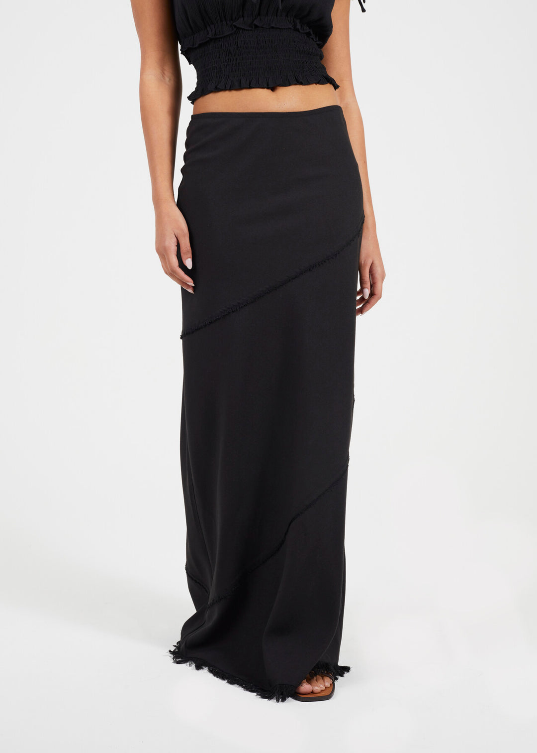 TIERRED FRAYED EDGE MAXI SKIRT, BLACK