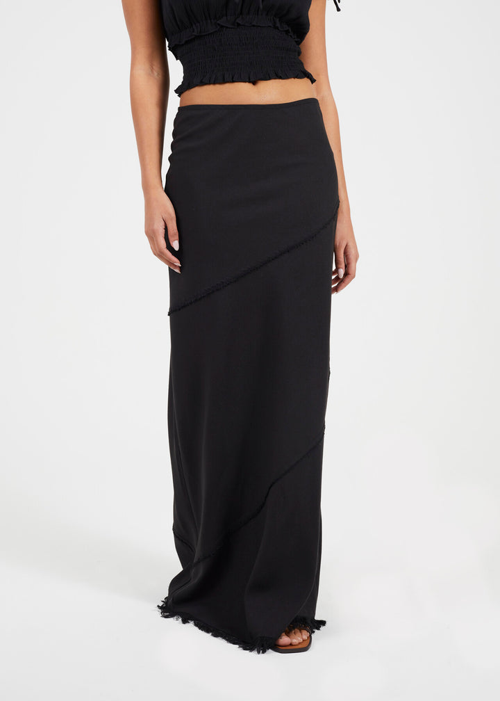 TIERRED FRAYED EDGE MAXI SKIRT, BLACK