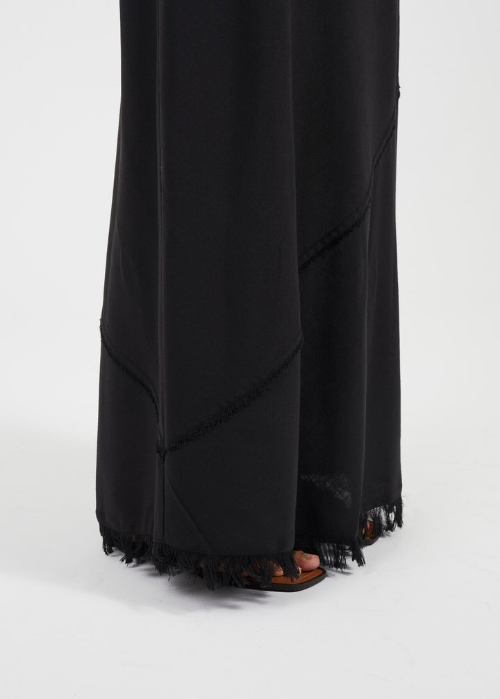 TIERRED FRAYED EDGE MAXI SKIRT, BLACK