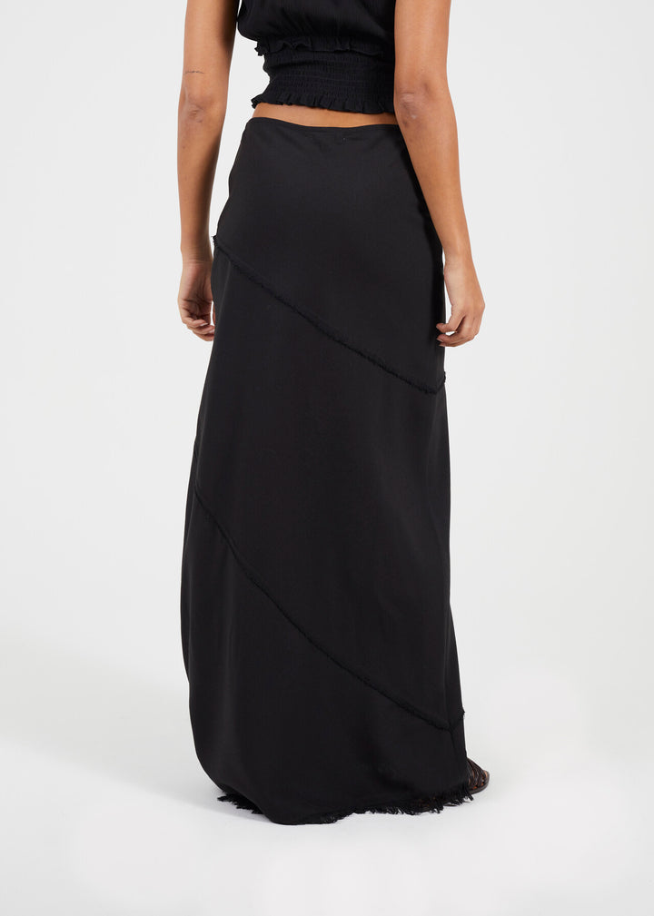 TIERRED FRAYED EDGE MAXI SKIRT, BLACK