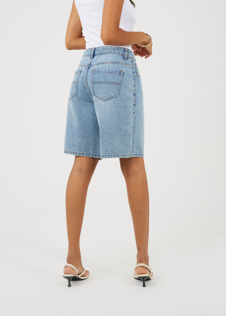 DENIM LONGLINE SHORTS, PALE BLUE