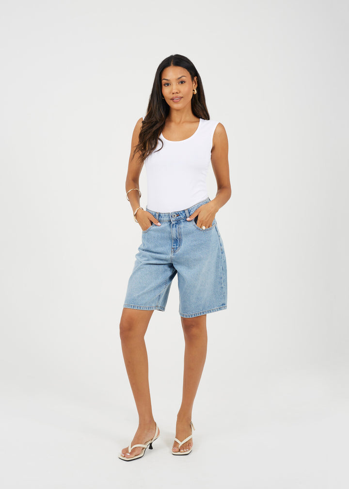 DENIM LONGLINE SHORTS, PALE BLUE