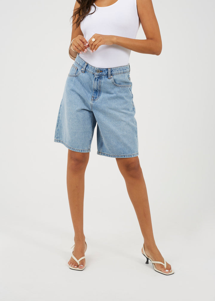 DENIM LONGLINE SHORTS, PALE BLUE