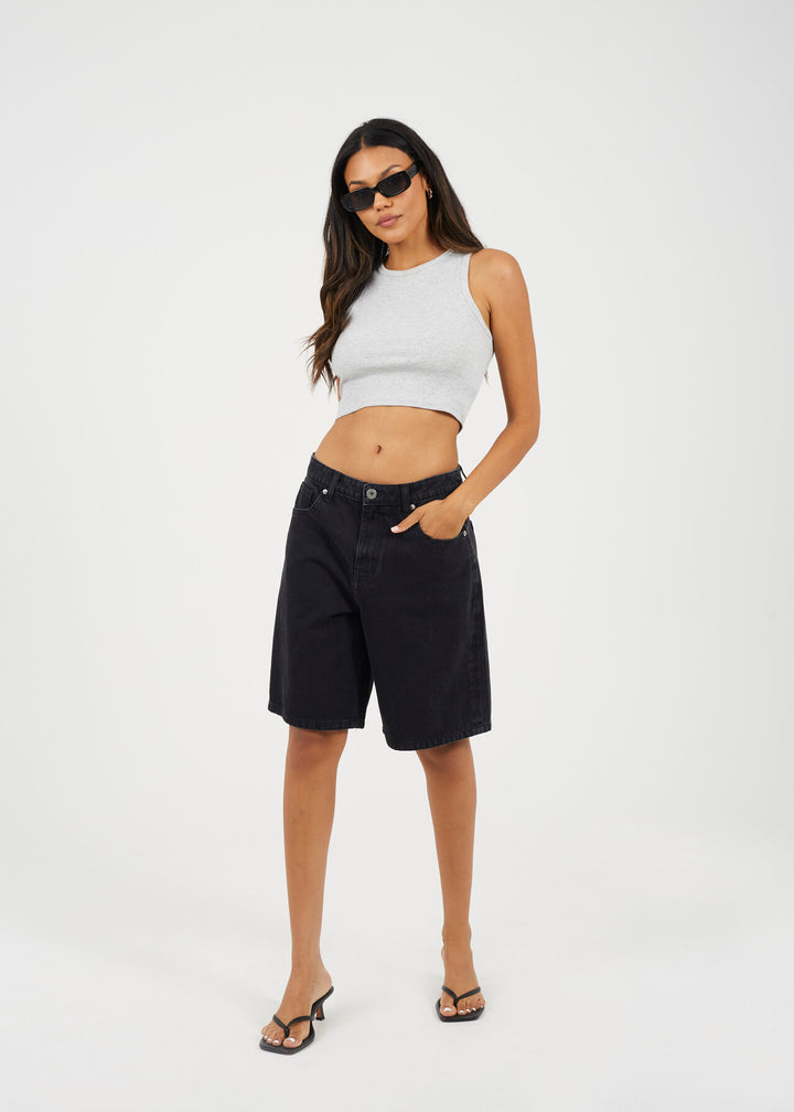 DENIM LONGLINE SHORTS, WASHED BLACK
