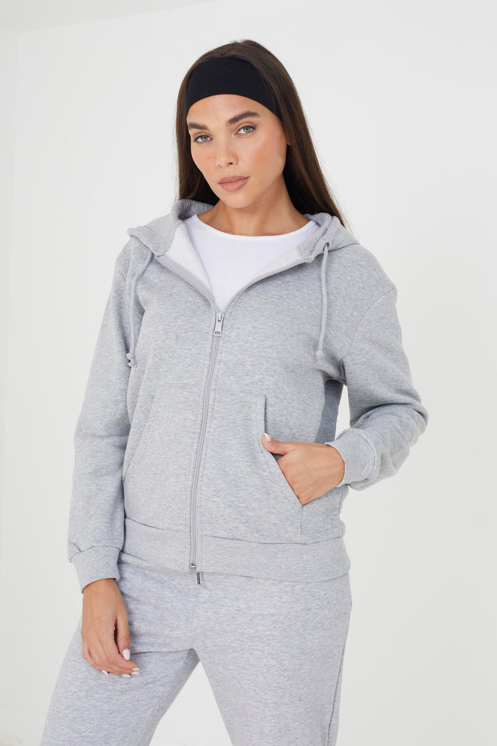 PLAIN GREY MARL DRAWSTRING ZIP HOODIE