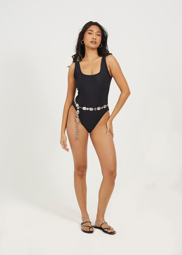HIGH LEG ONE PIECE SWIMSUIT, BLACK