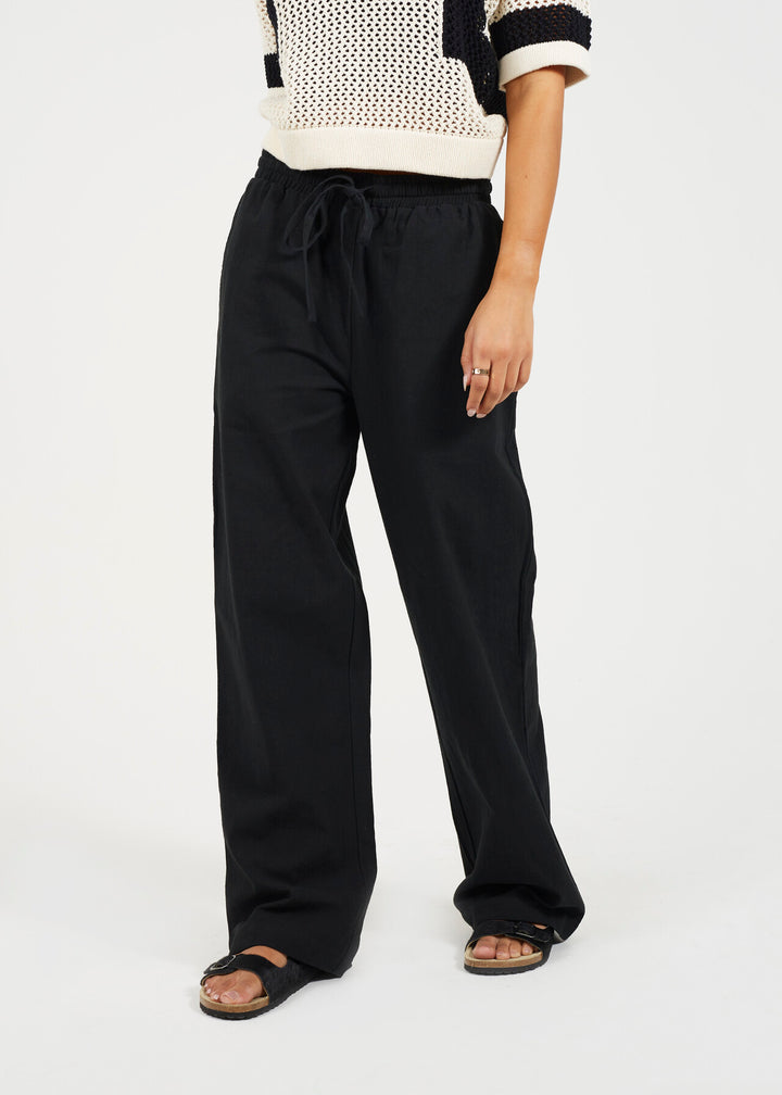 RELAXED FIT DRAWCORD STRAIGHT LEG LINEN TROUSERS, BLACK