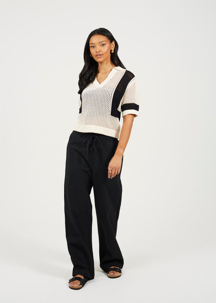 RELAXED FIT DRAWCORD STRAIGHT LEG LINEN TROUSERS, BLACK