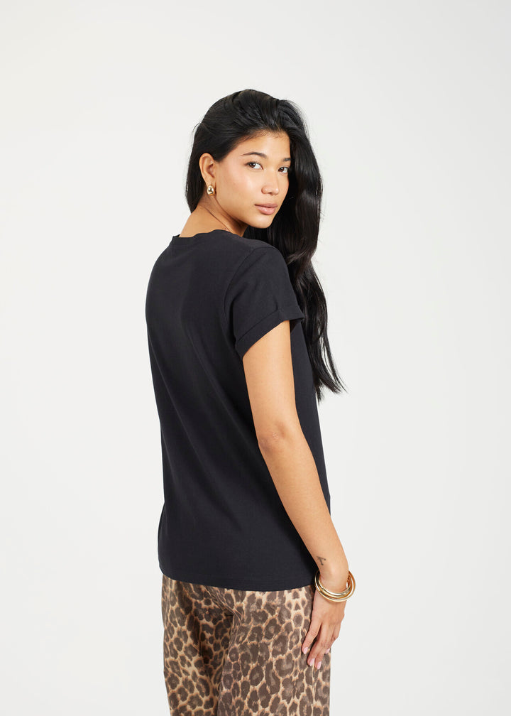 BLACK ROLL UP CUFF DETAIL CREW NECK T-SHIRT