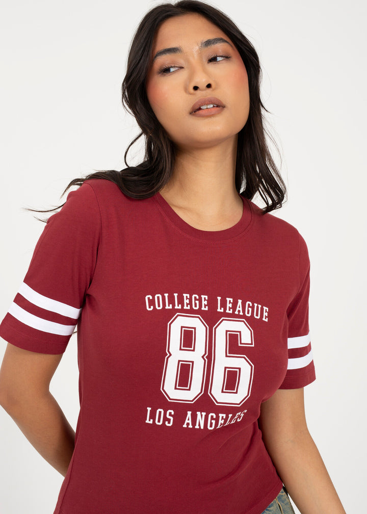 VARSITY PRINTED T-SHIRT, BURGANDY/WHITE