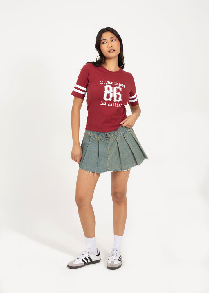 VARSITY PRINTED T-SHIRT, BURGANDY/WHITE