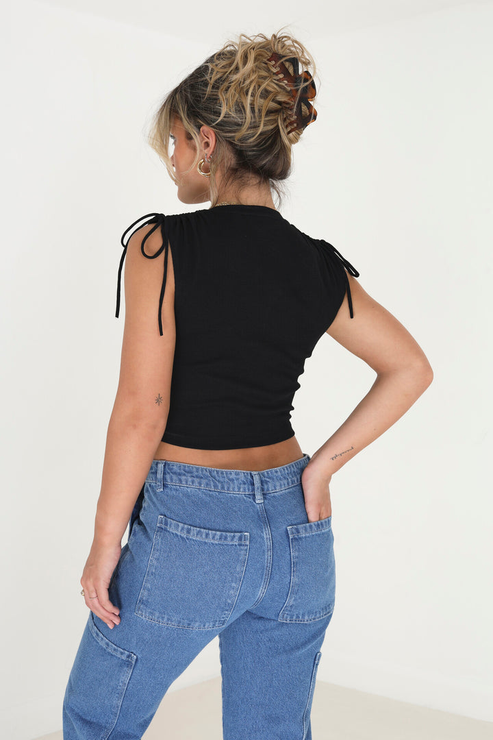 CREW NECK SHORT SLEEVE TIE DETAIL CROPPED TOP
