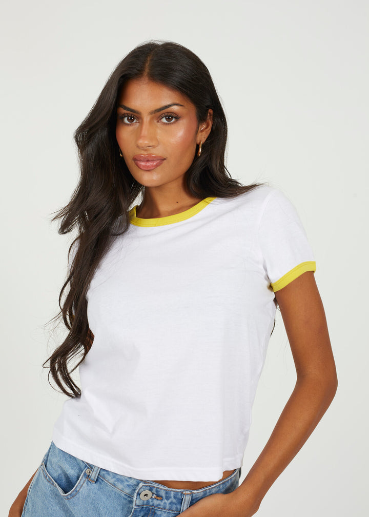 SULPHUR COLOUR RIB TRIM CREW NECK RINGER T-SHIRT