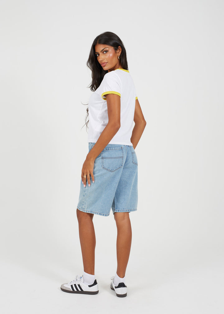 SULPHUR COLOUR RIB TRIM CREW NECK RINGER T-SHIRT