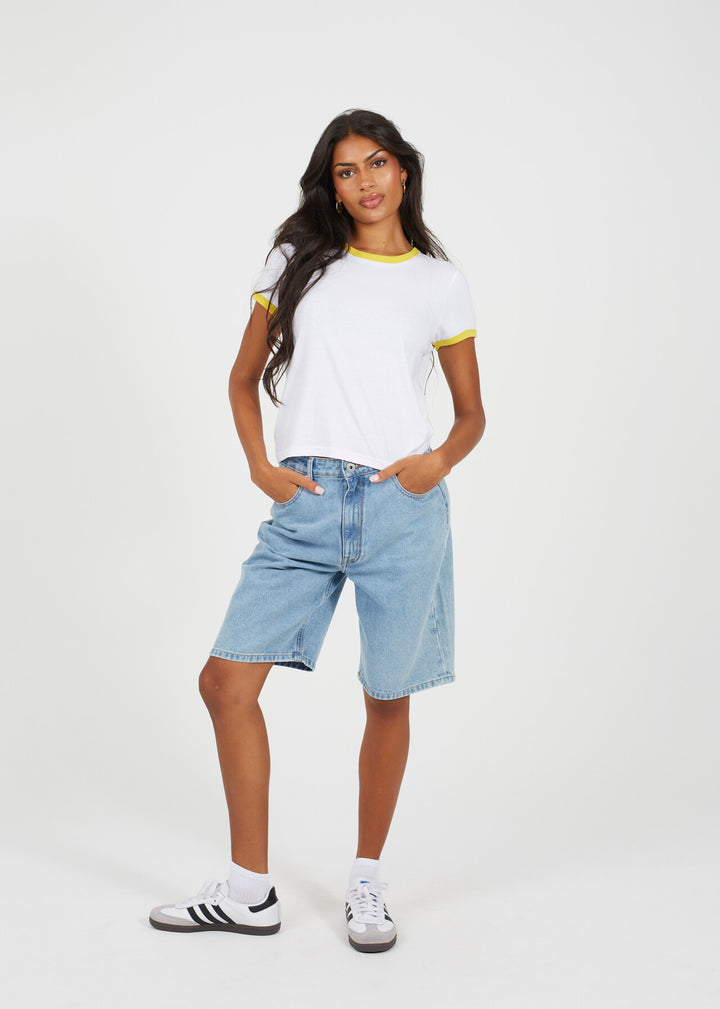 SULPHUR COLOUR RIB TRIM CREW NECK RINGER T-SHIRT