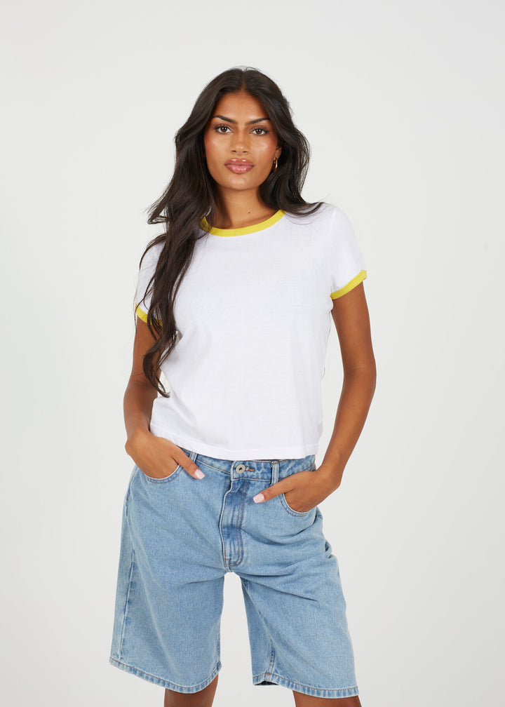 SULPHUR COLOUR RIB TRIM CREW NECK RINGER T-SHIRT