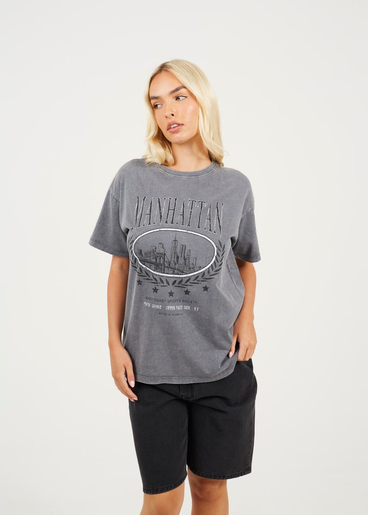 GRAPHIC 'MANHATTAN' OVERSIZED T-SHIRT, SILVER GREY ACID WASH