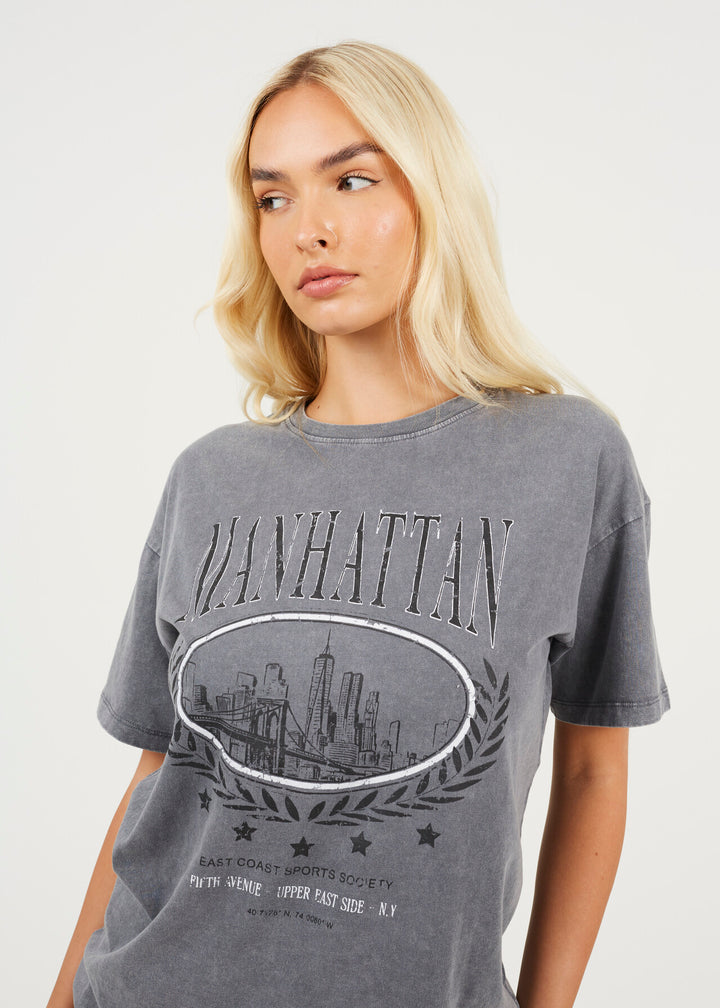 GRAPHIC 'MANHATTAN' OVERSIZED T-SHIRT, SILVER GREY ACID WASH