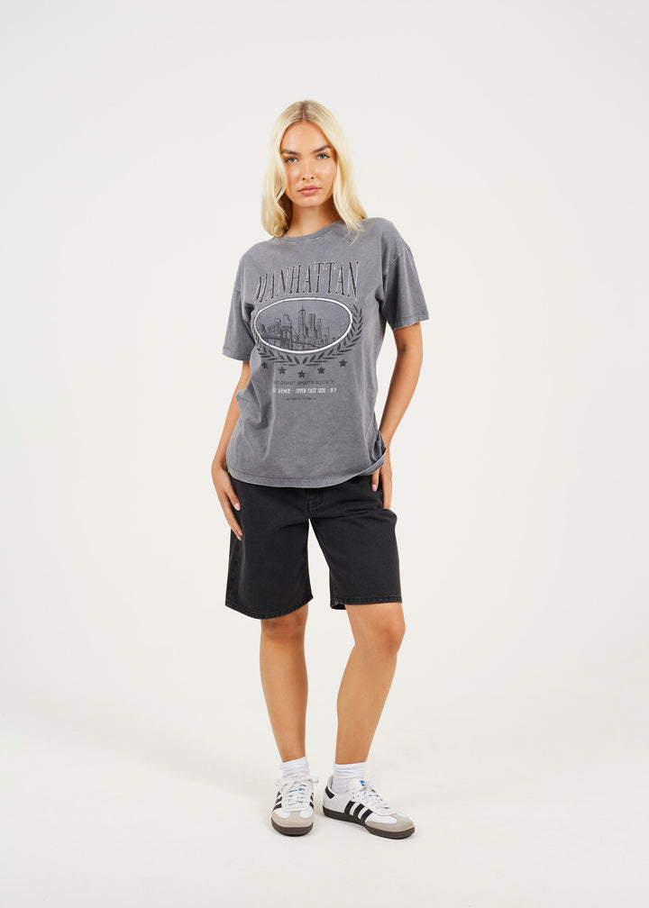 GRAPHIC 'MANHATTAN' OVERSIZED T-SHIRT, SILVER GREY ACID WASH