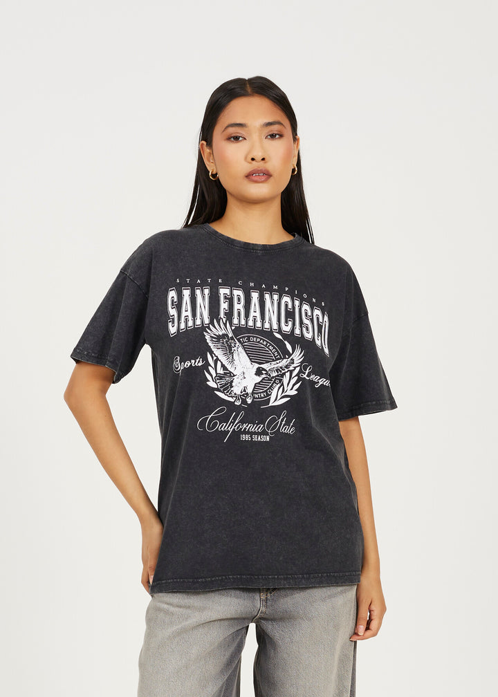 'SAN FRANCISCO' GRAPHIC T-SHIRT, BLACK ACID WASH