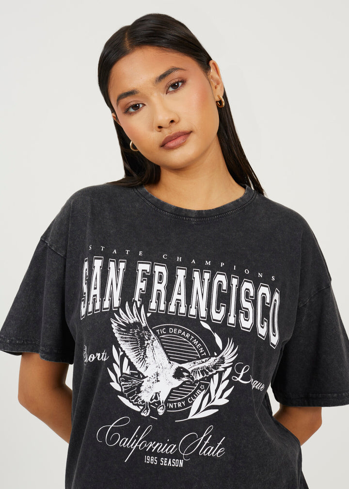 'SAN FRANCISCO' GRAPHIC T-SHIRT, BLACK ACID WASH