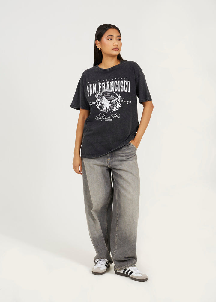 'SAN FRANCISCO' GRAPHIC T-SHIRT, BLACK ACID WASH