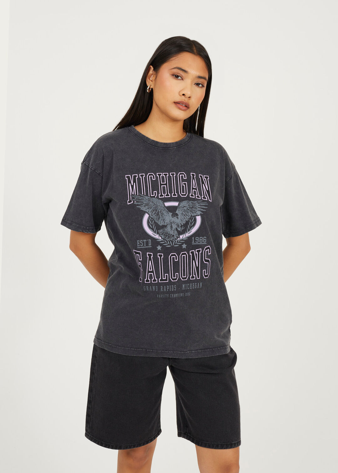 'MICHIGAN' GRAPHIC T-SHIRT, BLACK ACID WASH