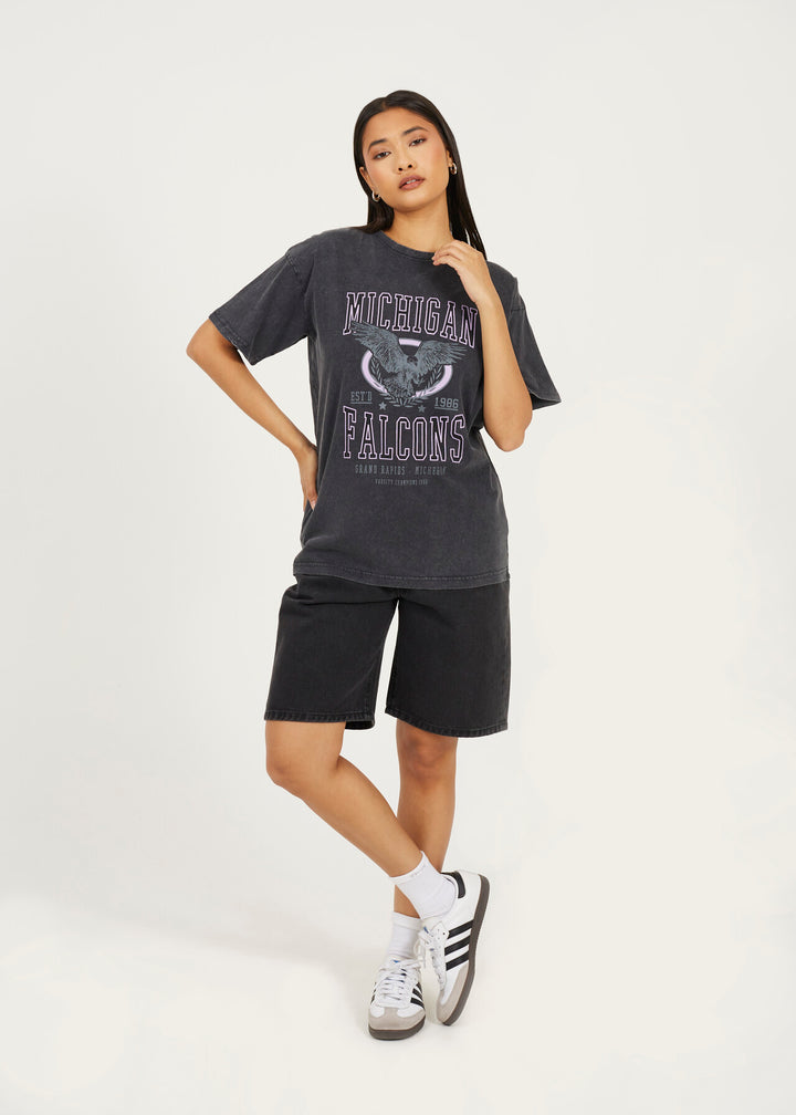 'MICHIGAN' GRAPHIC T-SHIRT, BLACK ACID WASH