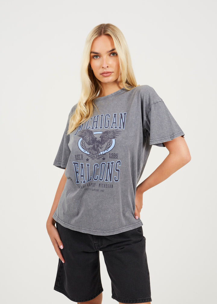 'MICHIGAN' GRAPHIC T-SHIRT, SILVER GREY ACID WASH