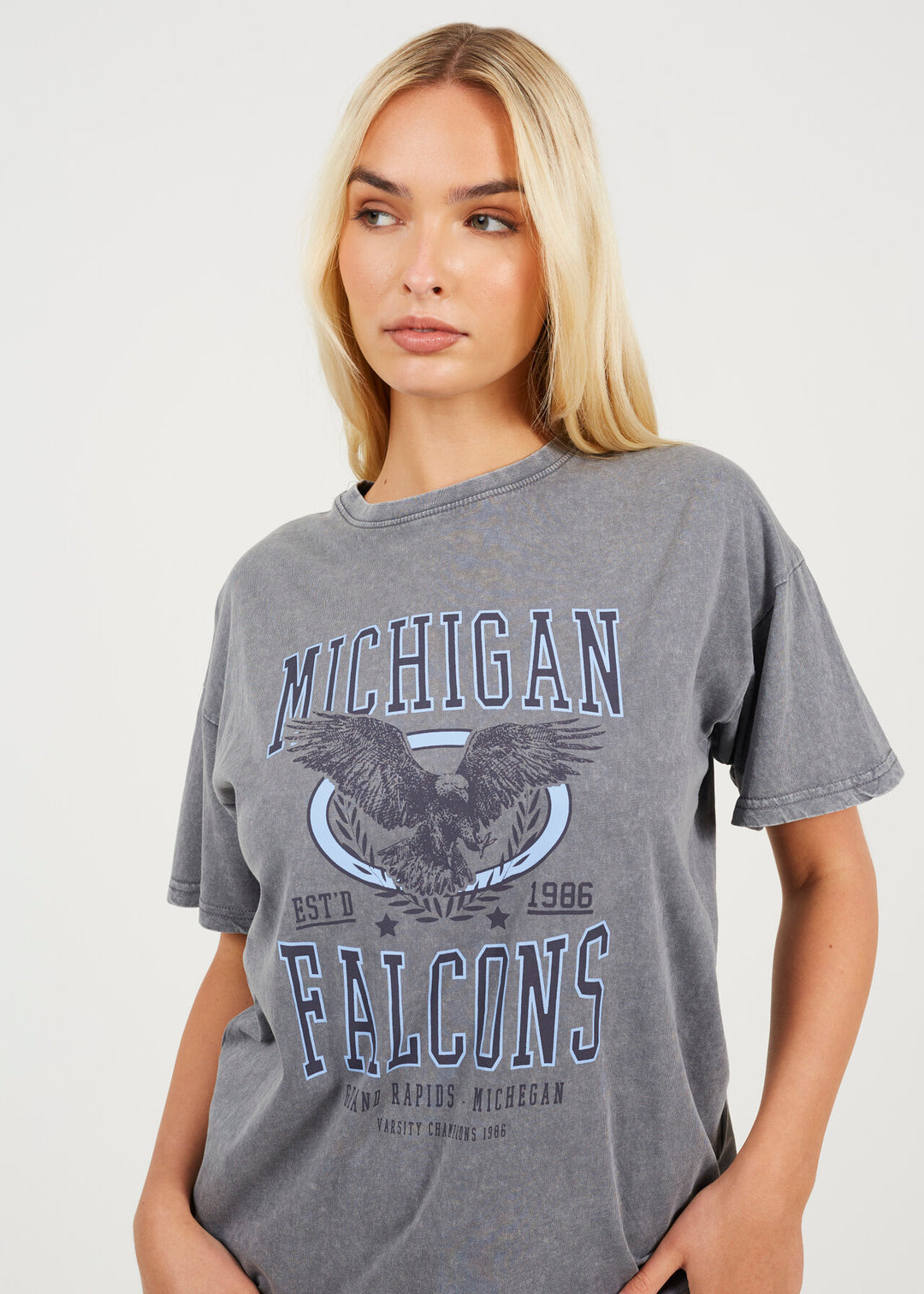 'MICHIGAN' GRAPHIC T-SHIRT, SILVER GREY ACID WASH