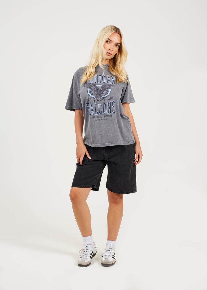 'MICHIGAN' GRAPHIC T-SHIRT, SILVER GREY ACID WASH