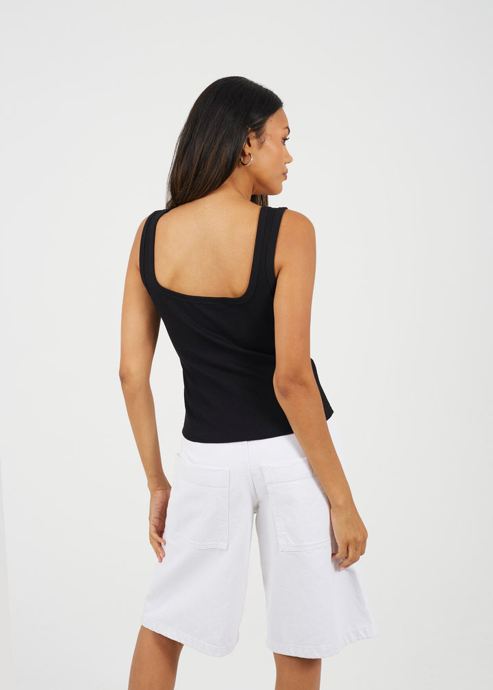 RIBBED JERSEY SCOOP NECK VEST WITH BUTTON DETAILING, BLACK