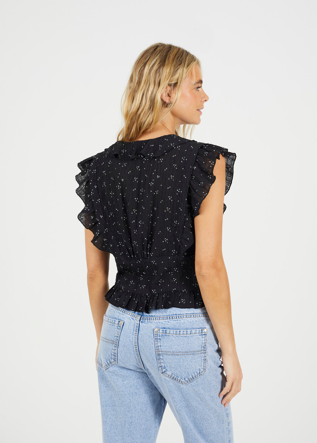 PRINTED FRILL DETAIL TIE UP TOP