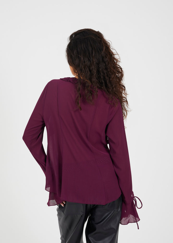 LONG SLEEVE MESH RUFFLE TIE FRONT TOP, BURGANDY